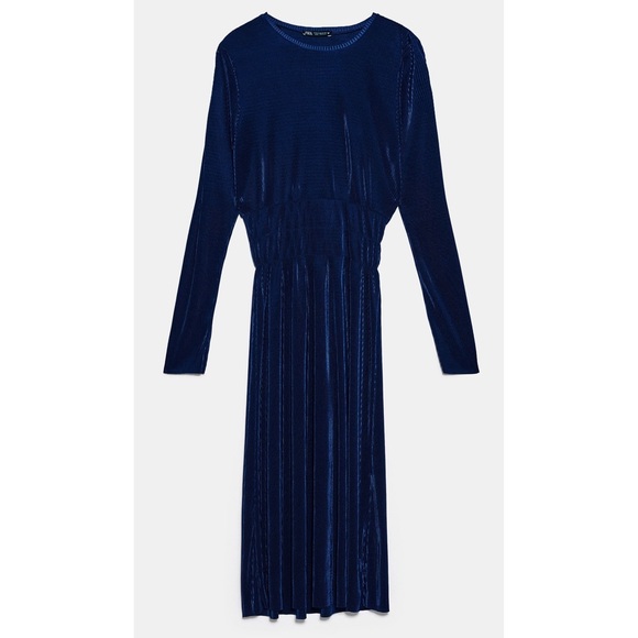 Zara Satin Navy Blue Pleated Dress - Picture 3 of 7